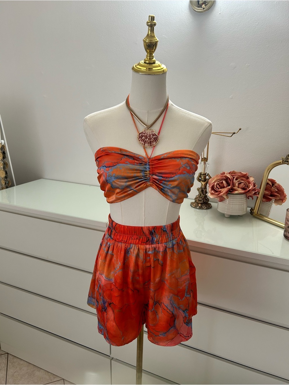 Strapless Ruched Bandeau & Shorts Set - Orange Floral